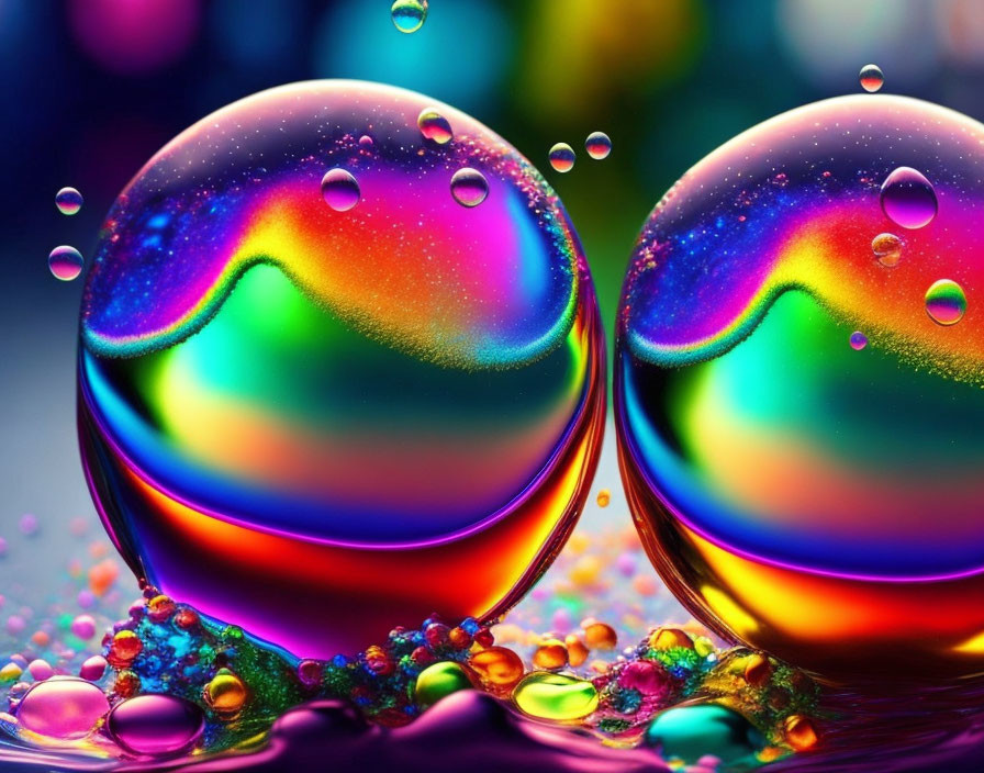 Multicolored water droplets on glossy surface against blurred background