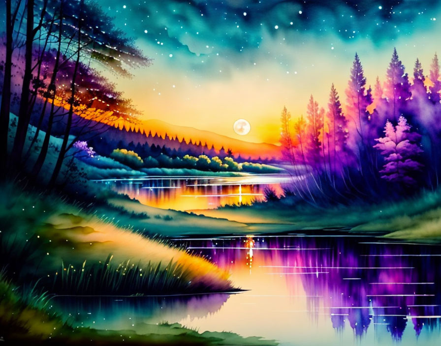 Colorful Landscape: Starry Night Sky, Northern Lights, Tranquil Lake