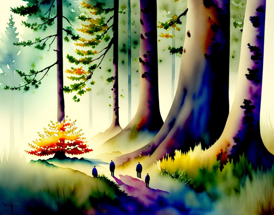 Colorful Watercolor Painting of Whimsical Forest Scene