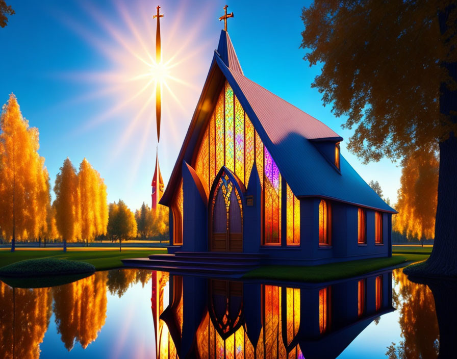 Chapel with Stained Glass Windows Reflected in Pond Amid Autumn Trees