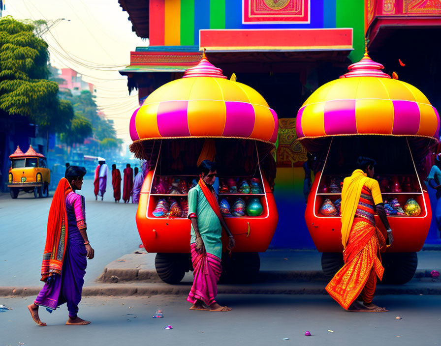 Colorful street scene with traditional attire and rickshaws.