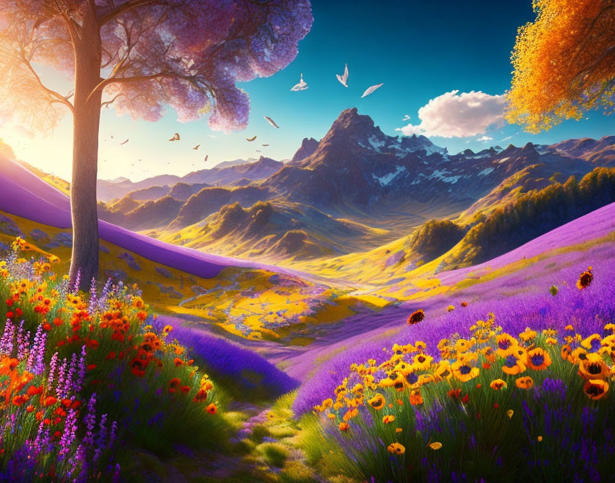 Colorful landscape: purple flower valley, mountain backdrop, birds, glowing sun