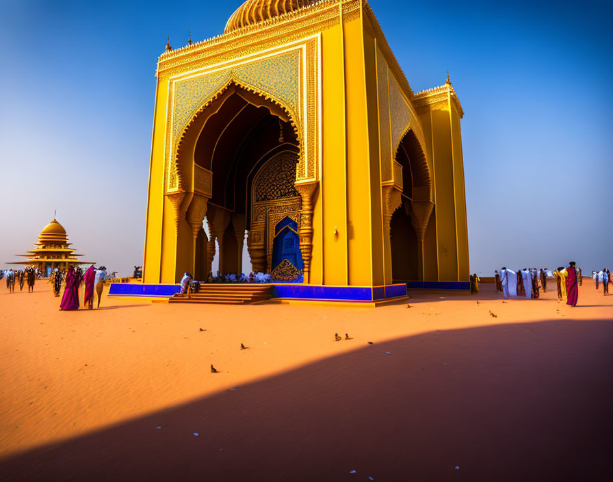 Intricate Golden Temple Structure on Sandy Ground with Traditional Attire People