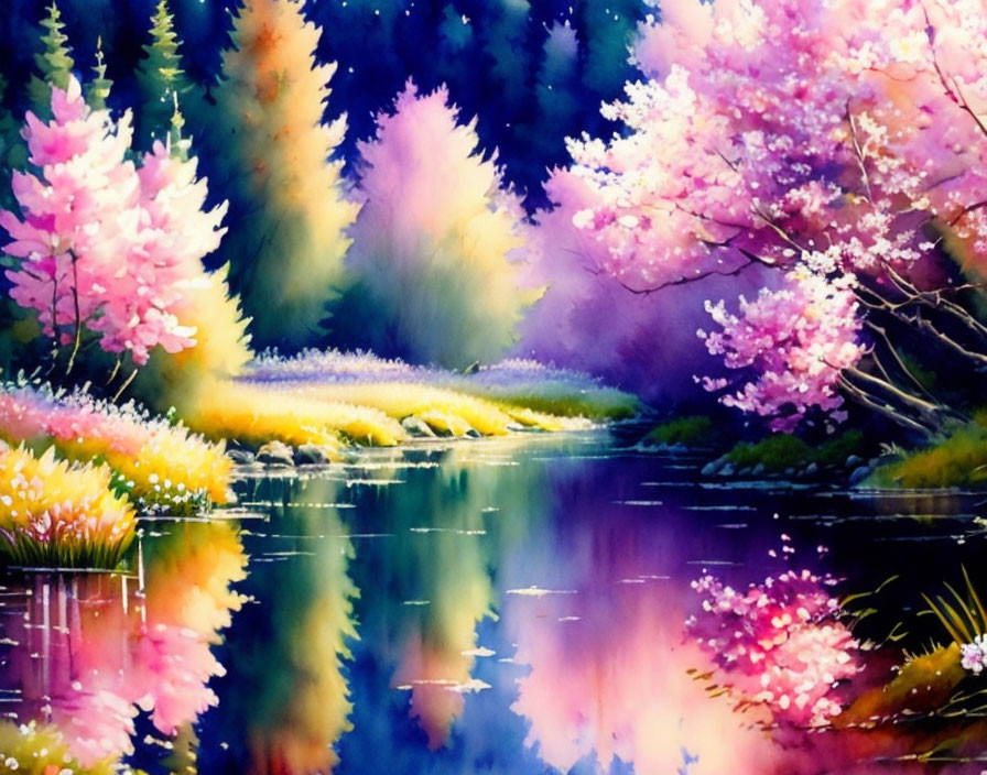 Tranquil river scene with colorful blooming trees and bushes