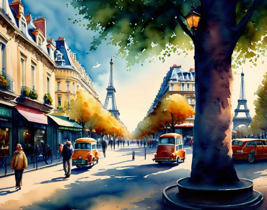 Parisian Street Watercolor: Classic Buildings, Autumn Trees, Vintage Cars, Pedestrians, E