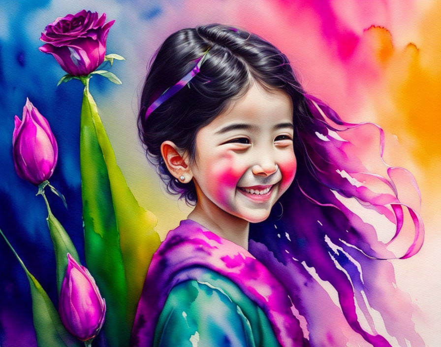 Smiling girl with headband and pink roses on vibrant painting