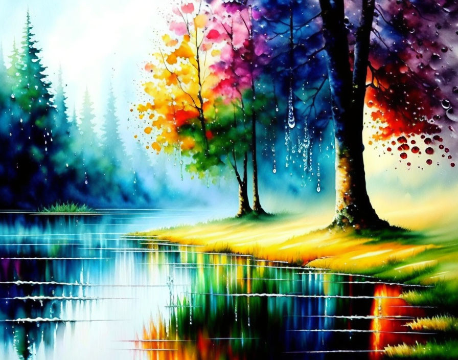 Colorful Watercolor Painting of Serene Landscape with Reflecting Trees