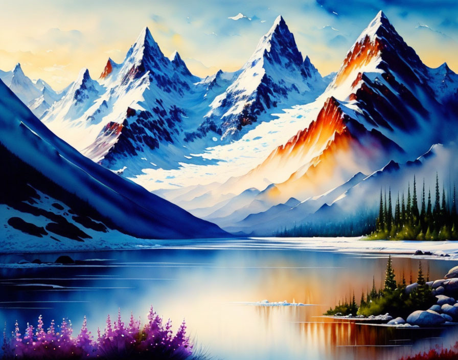 Serene mountain landscape with snowy peaks, calm lake, colorful sunset, and lush flora