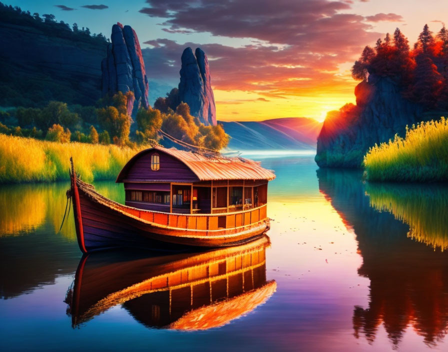 Scenic sunset over river with houseboat and cliffs