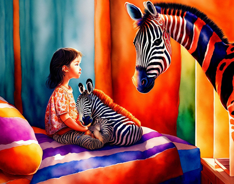 Girl with small zebra on colorful bed, larger zebra in vibrant backdrop