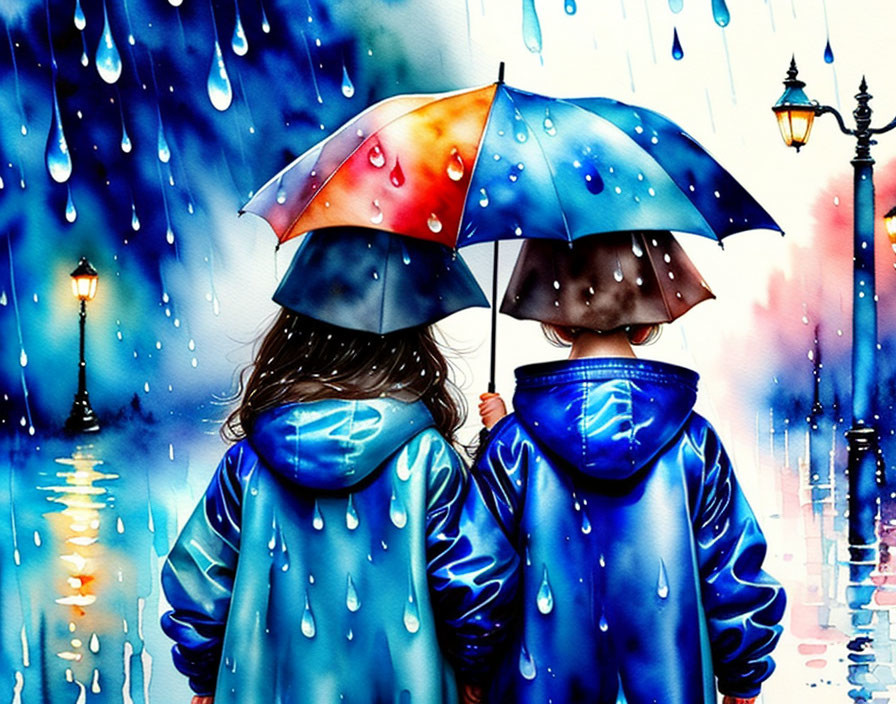 Two people in blue raincoats with colorful umbrellas on wet street under rainy sky