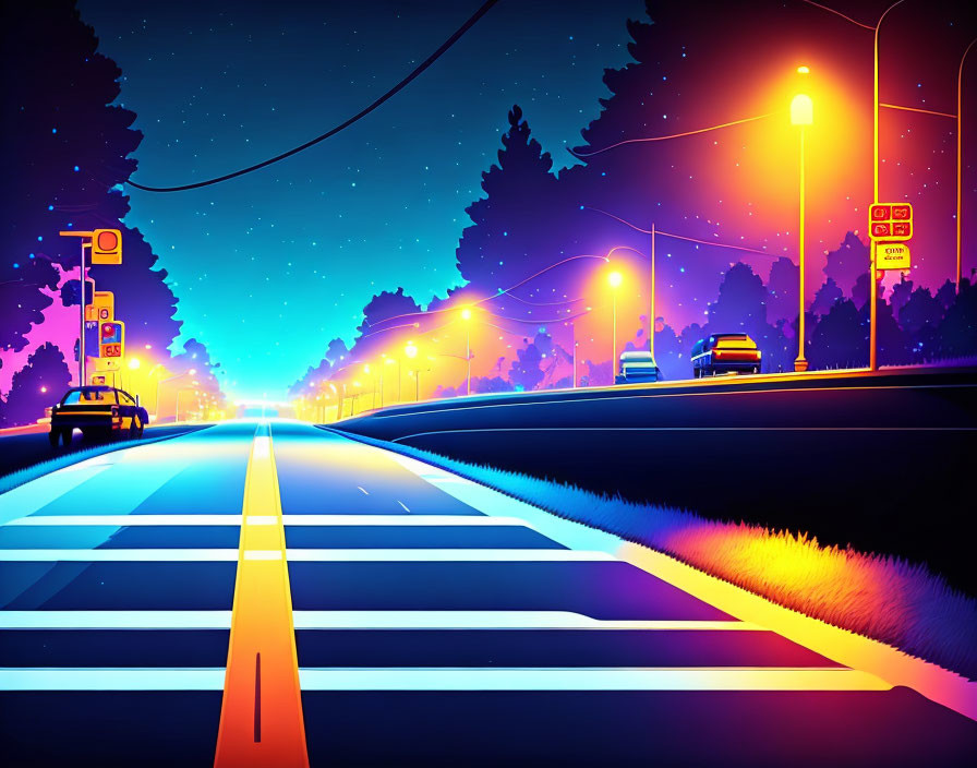 Colorful digital artwork: Night street scene with neon lights, starlit sky, and silhouet