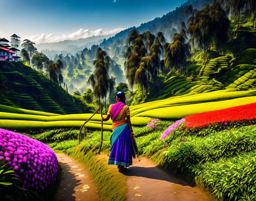 Person in traditional attire strolling through vibrant terraced gardens