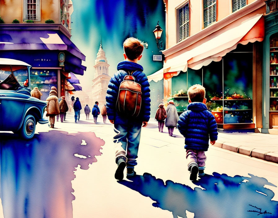 Children walking in colorful city scene with vintage car in watercolor style