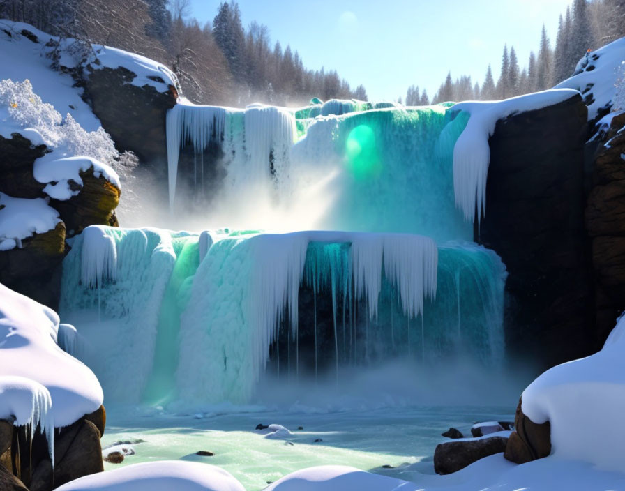 Frozen Waterfall with Icicles in Snowy Landscape