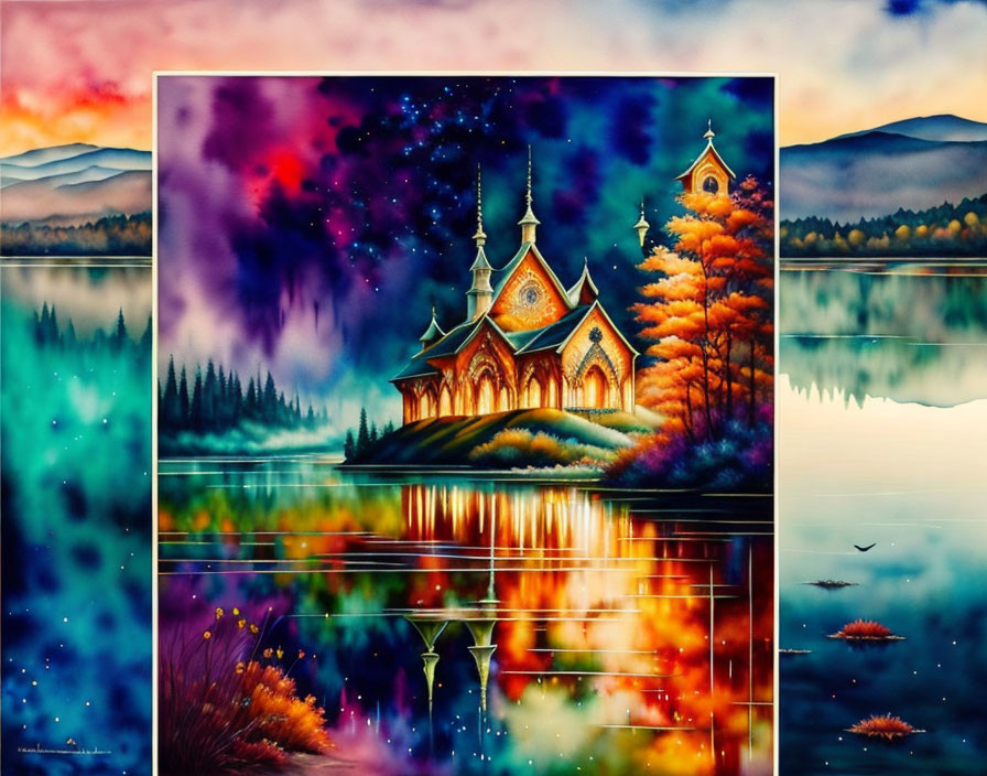 Colorful autumn church painting on islet in serene lake at twilight