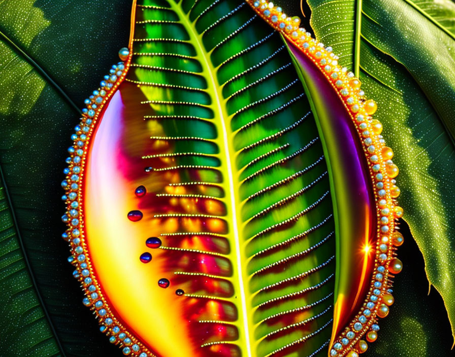 Colorful Leaf Artwork with Droplet Pattern and Rainbow Refraction Effect