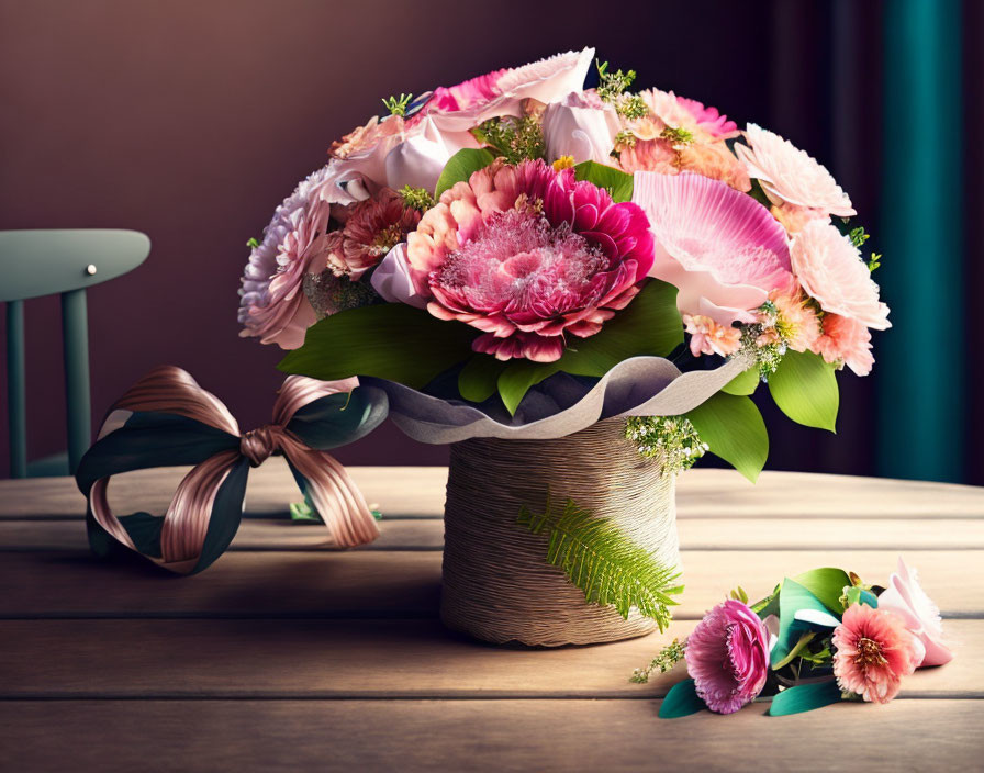 Colorful Mixed Flower Bouquet in Twine-Wrapped Vase on Wooden Table