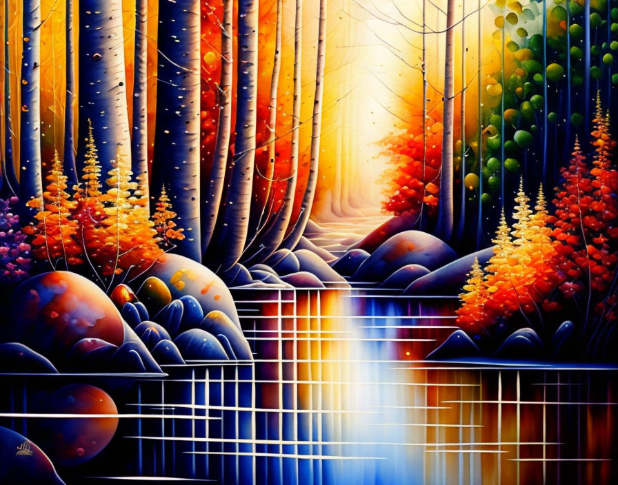 Colorful Surreal Landscape Painting of Forest with Reflective Water