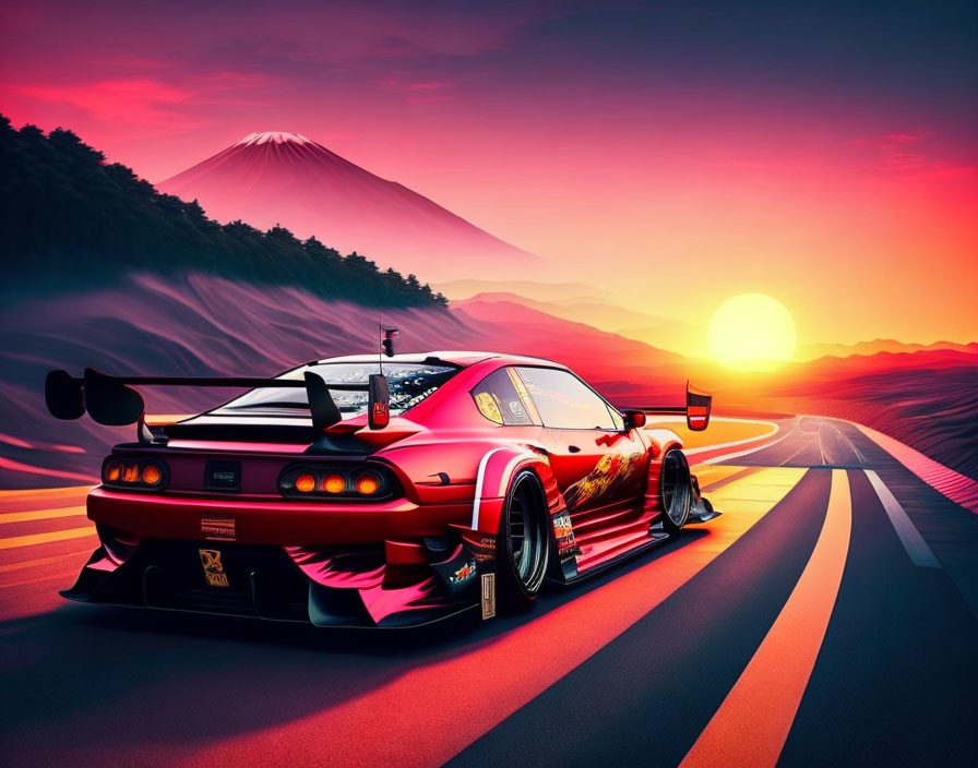 Red sports car on mountain road at sunset with Mount Fuji and vivid sky.