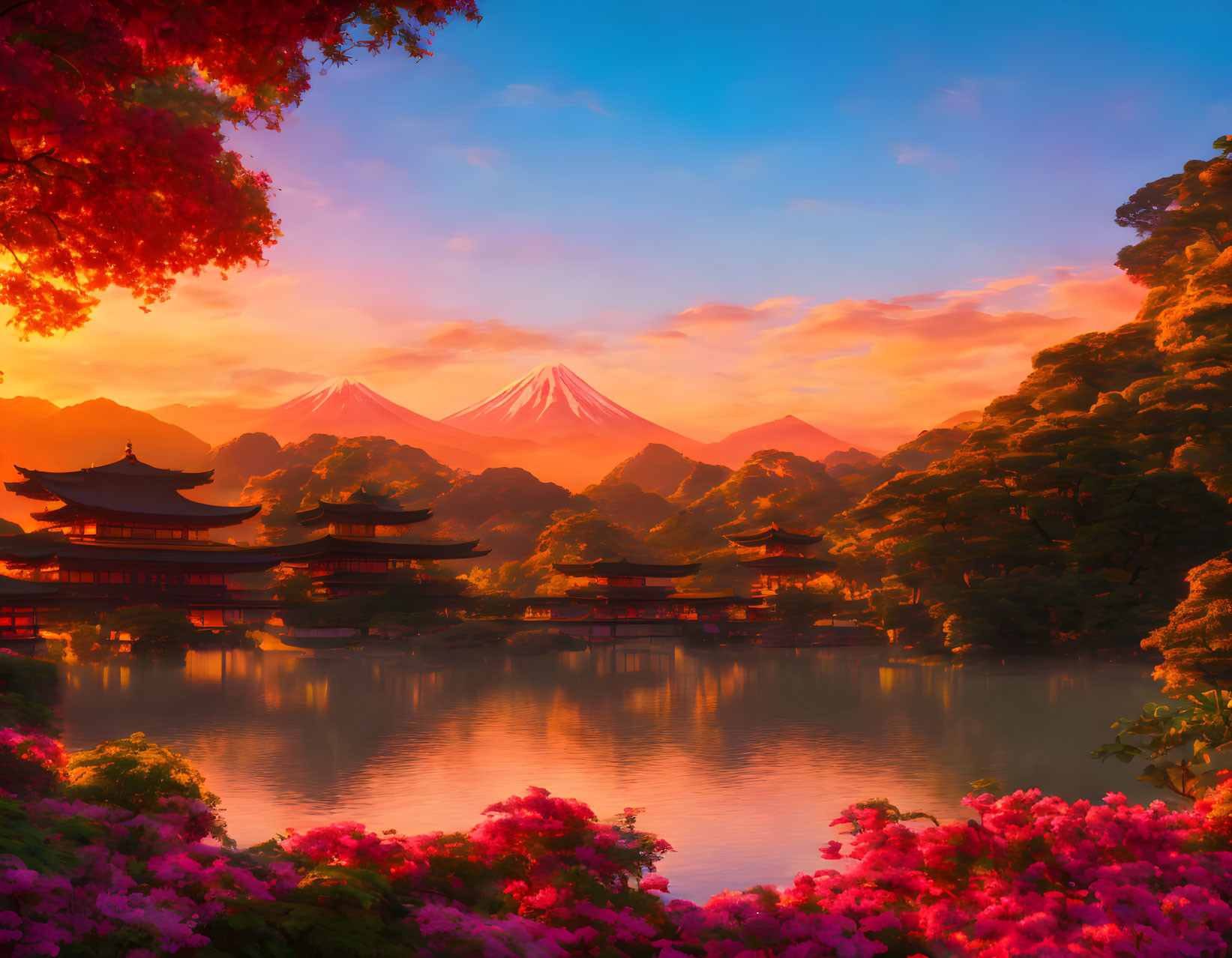 Japanese traditional buildings by lake with Mt. Fuji and pink foliage at sunset