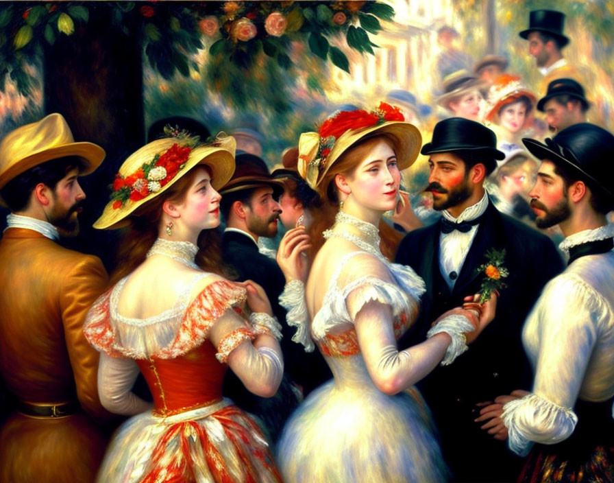 Victorian-era people in elegant attire gathered in a lush garden with romantic tension.