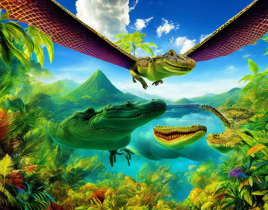 Surreal image: Three floating alligators in lush tropical landscape