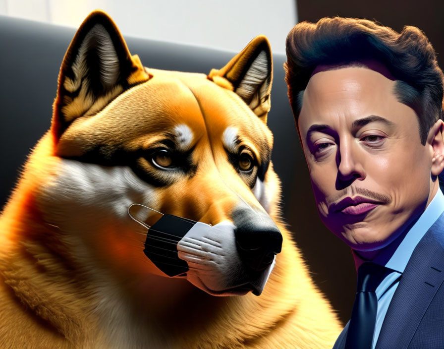 Digital artwork of a man in a suit with a dog featuring human-like facial features