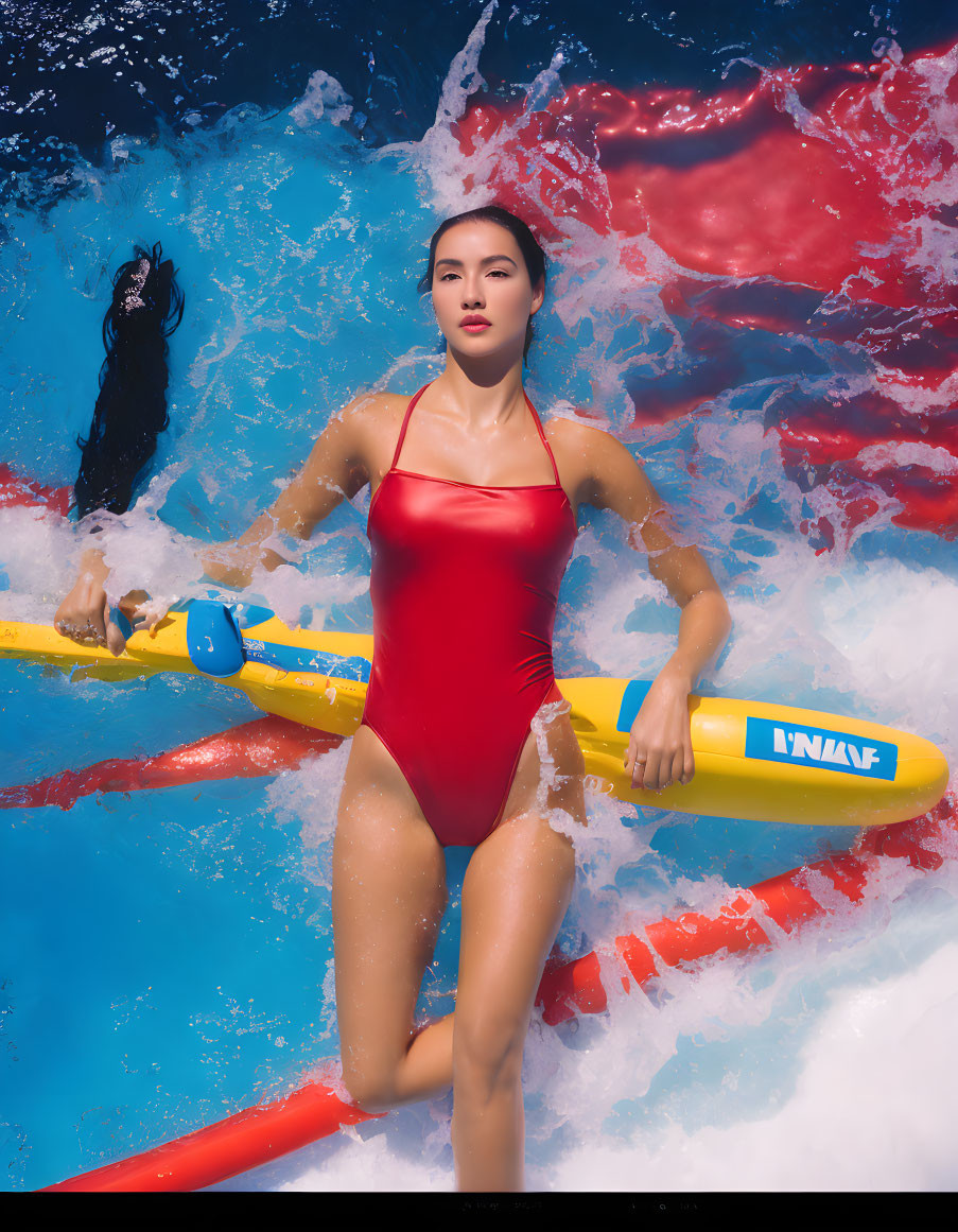 Woman in Red Swimsuit on Yellow Surfboard in Pool with Splashing Water