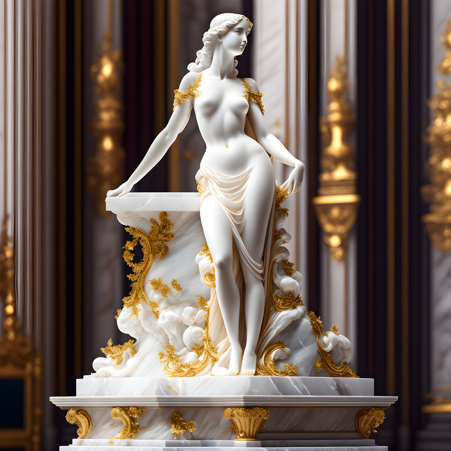 Classical white marble statue of a female figure in flowing robes with gold accents in grand interior