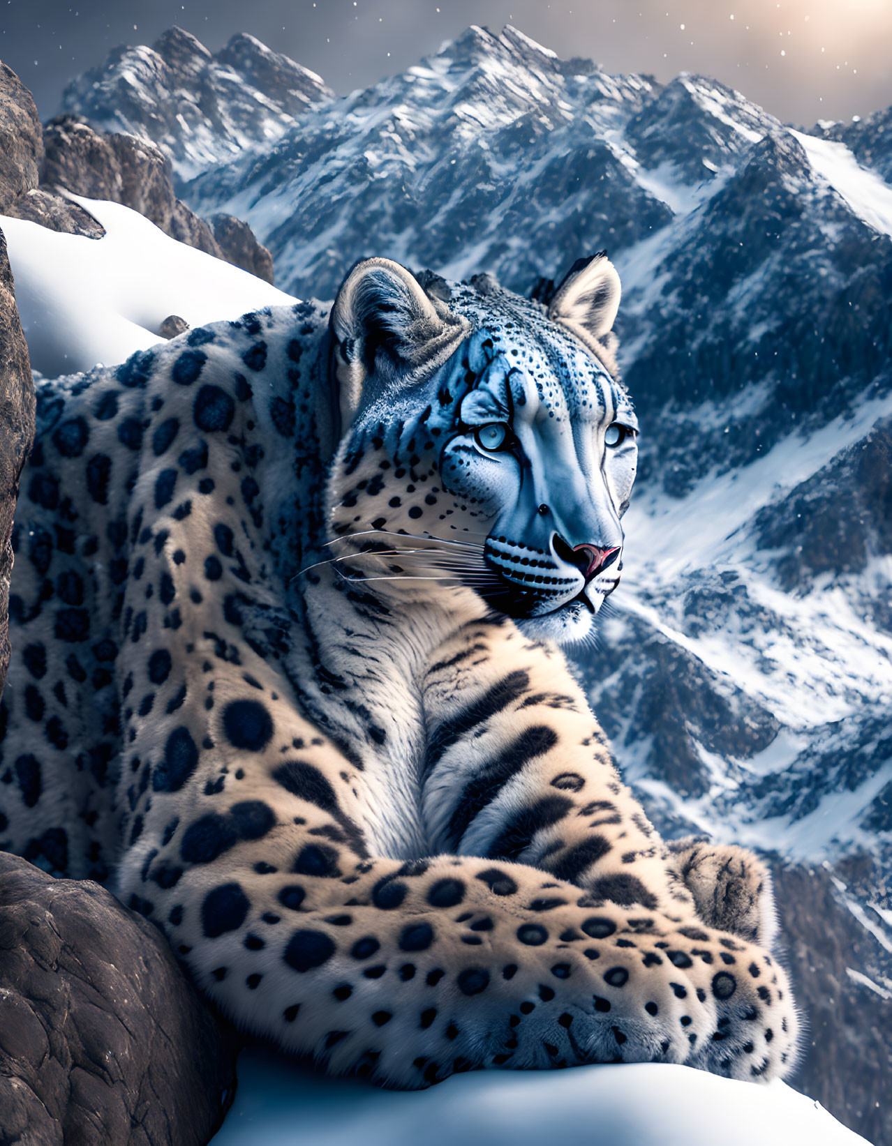 Snow leopard resting on rocky ledge with snowy mountain peaks