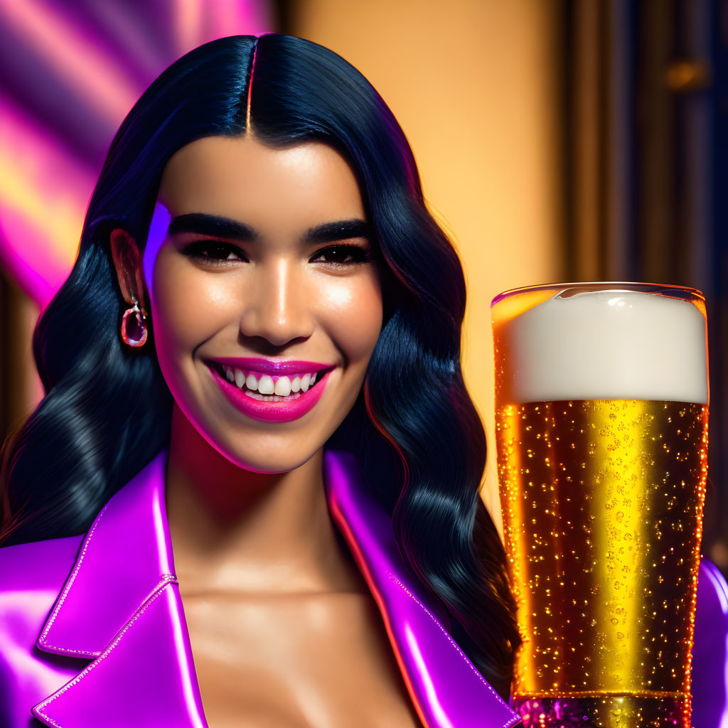 Smiling woman with glossy lips and purple jacket near frothy beer glass