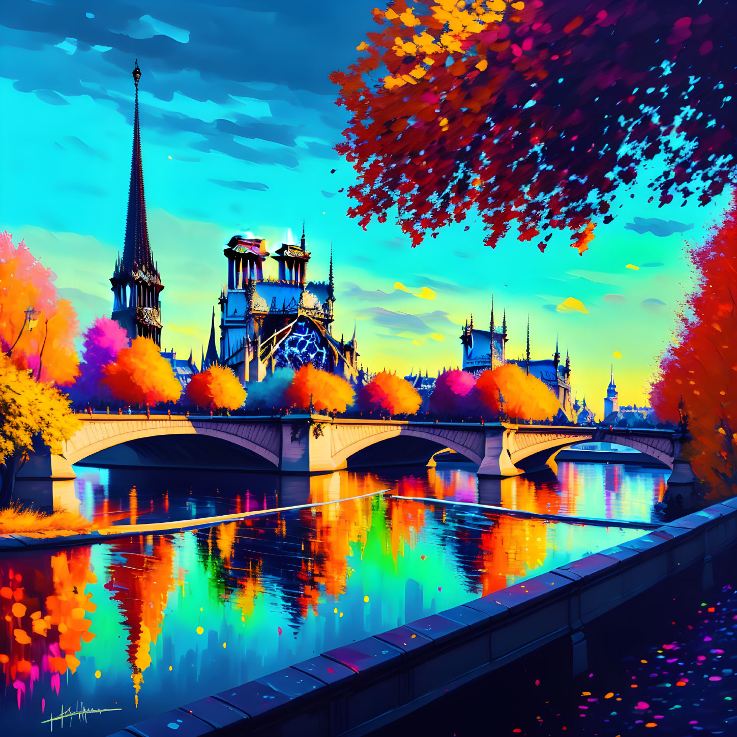 Colorful Parisian riverscape with Notre-Dame Cathedral and autumn foliage.