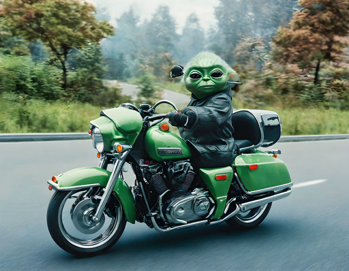 Green motorcycle rider resembling Yoda on forest road with motion blur.