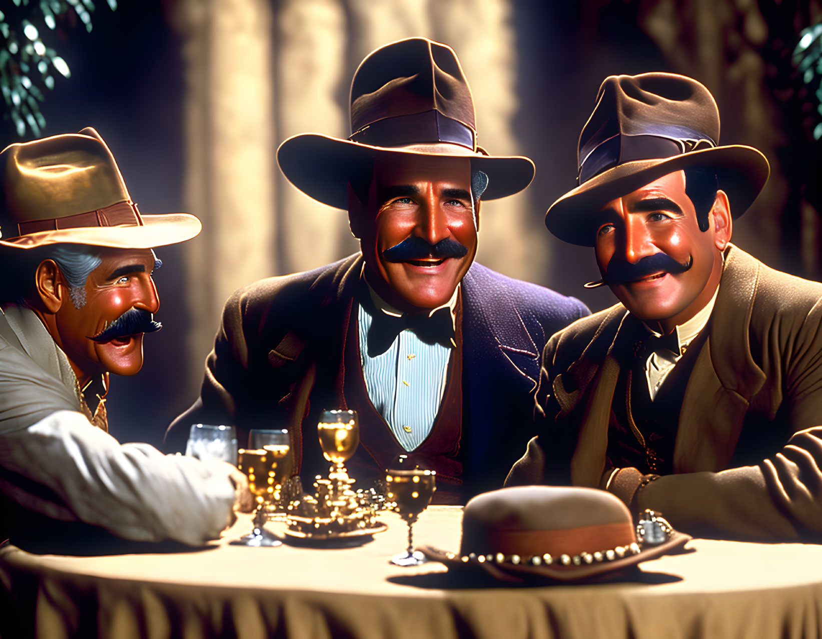 Three animated characters with large mustaches toasting with golden goblets.