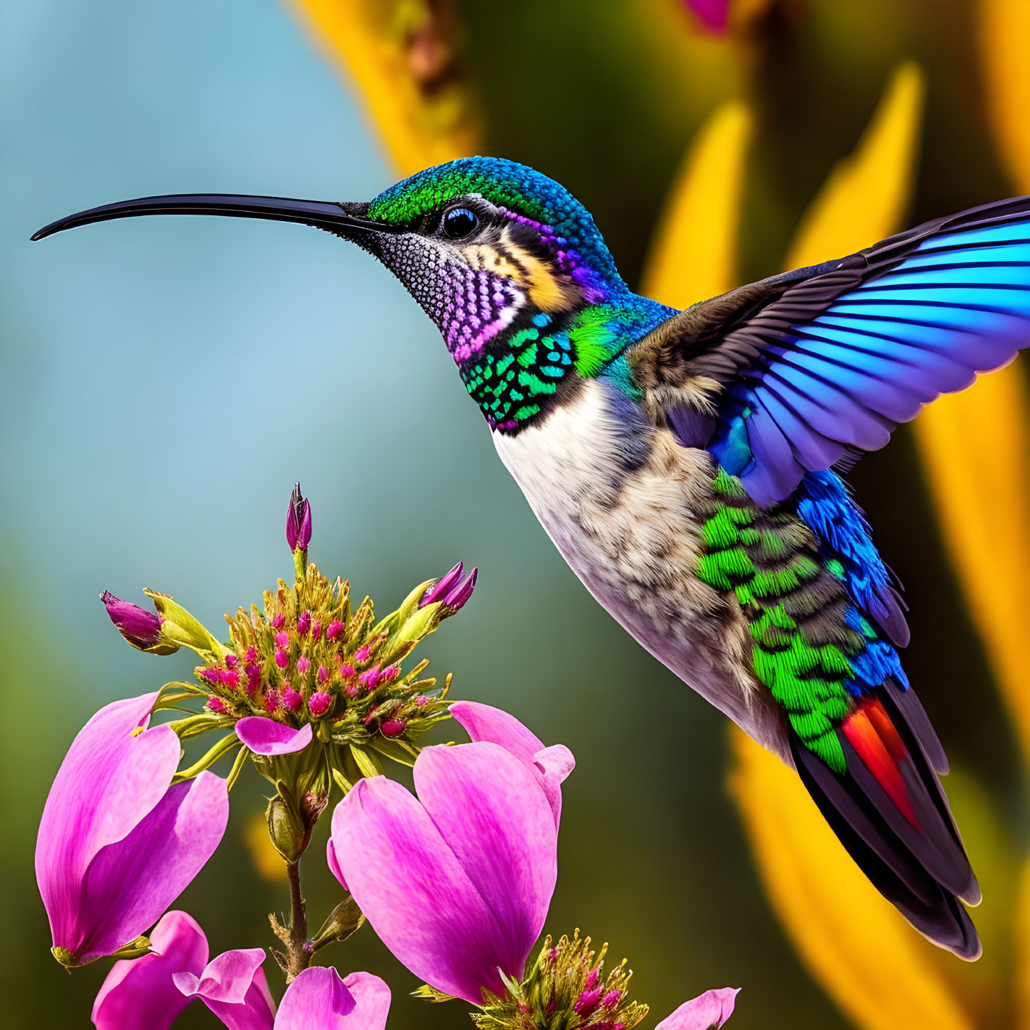 Colorful Hummingbird with Blue and Green Feathers Beside Pink Flowers