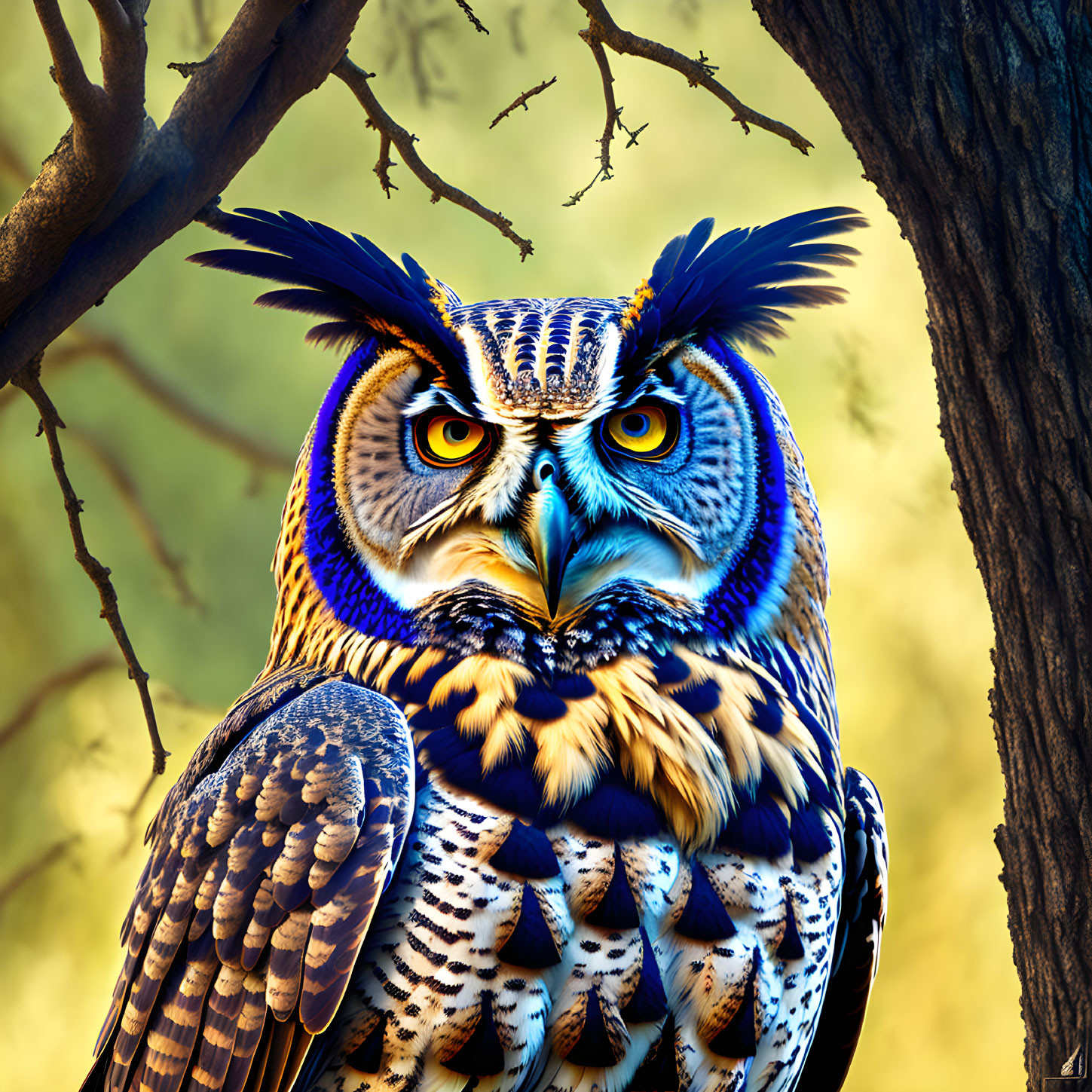 Majestic owl with orange eyes and blue/brown plumage perched on branch