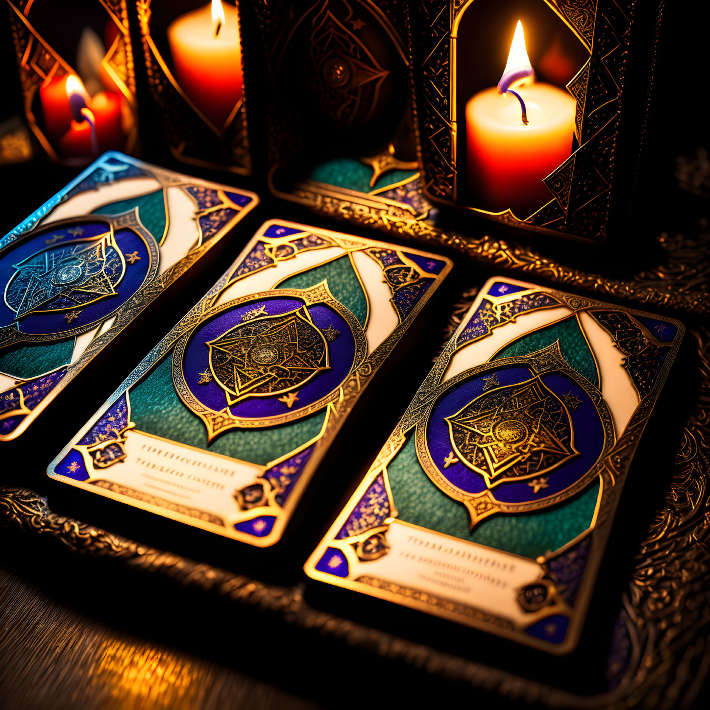 Tarot cards, candles, lantern on patterned surface