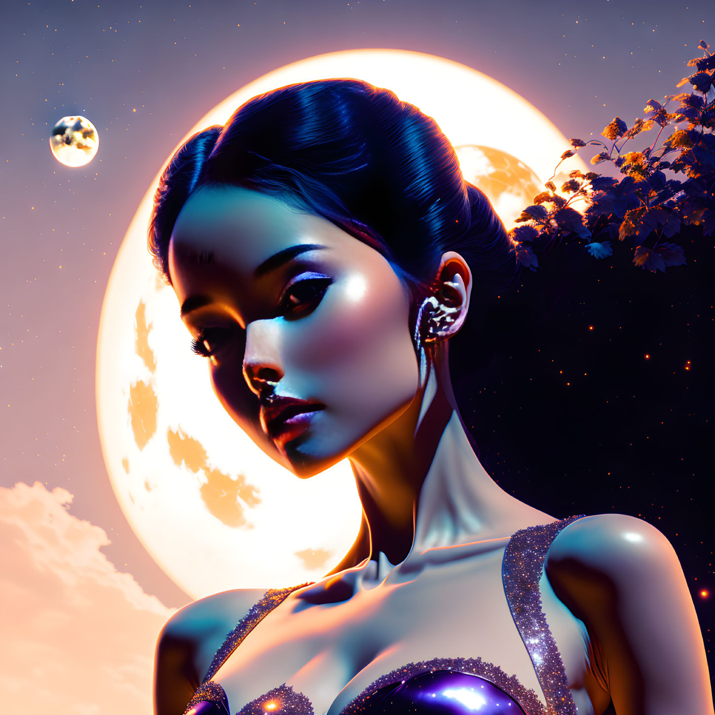 Woman in otherworldly digital artwork with moon, stars, and twilight sky