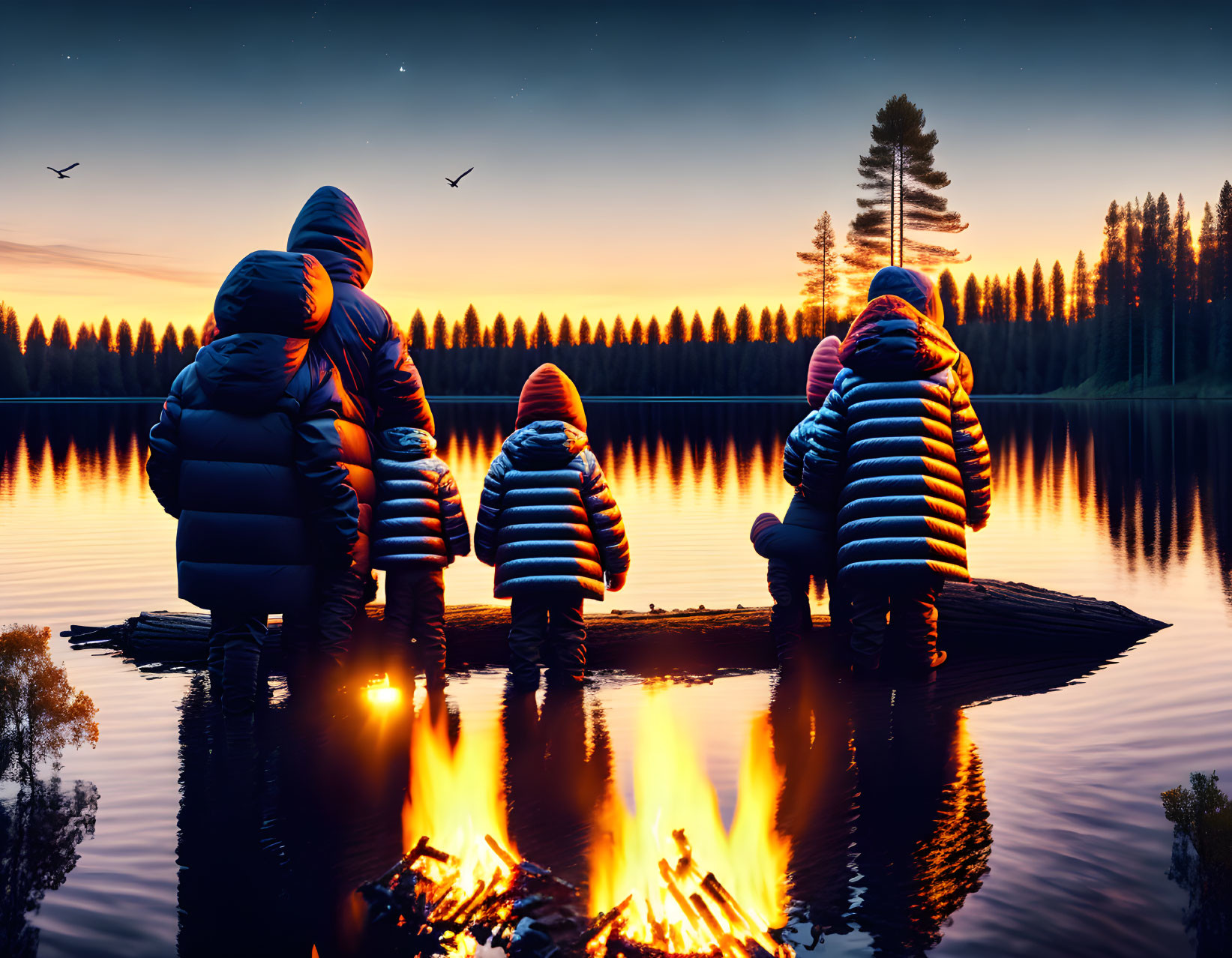 Three People Sitting by Campfire at Sunset Near Lake