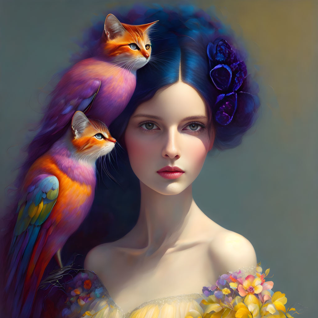 Colorful surreal portrait with woman, vibrant flowers, and fantastical creatures