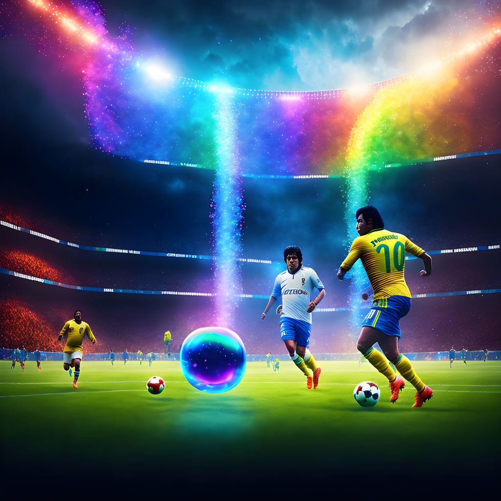 Vibrant soccer players in colorful cosmic stadium scene