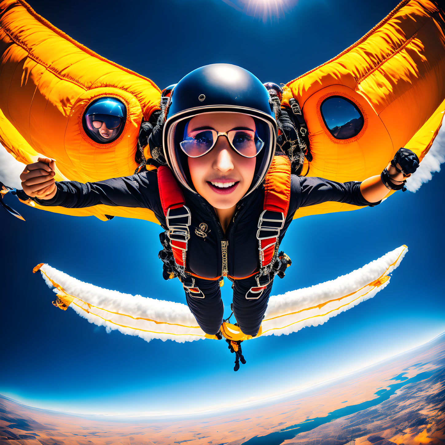 Orange wingsuit skydiver free-falling in blue sky with Earth's curved horizon.