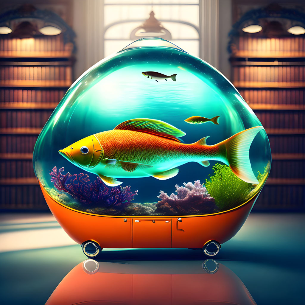 Giant goldfish in spherical aquarium with coral reef, wheels, in library with tall windows and book