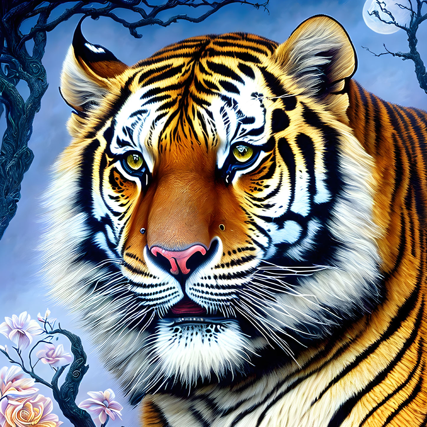 Detailed Tiger Face Illustration with Intense Eyes on Blue Sky Background