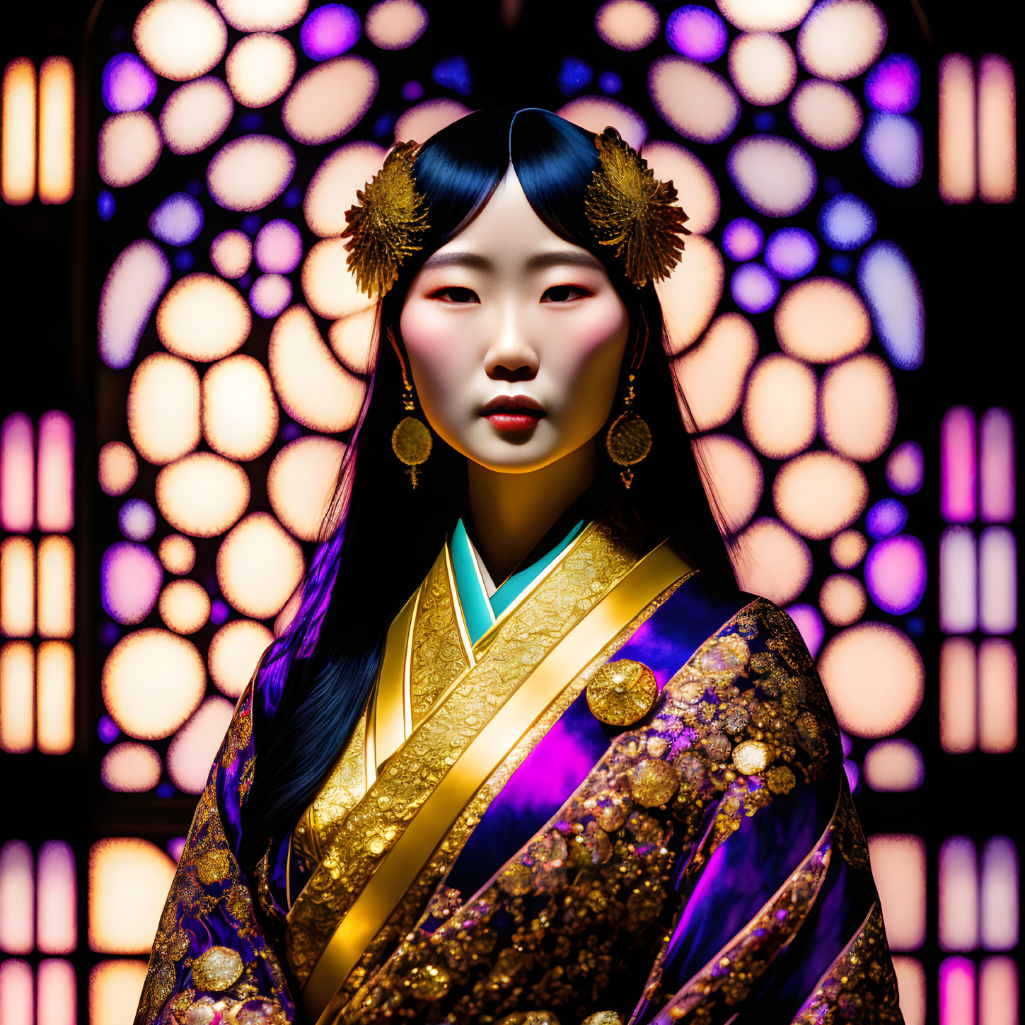 Traditional Asian Woman Portrait in Golden Accessories on Luminous Circular Backdrop