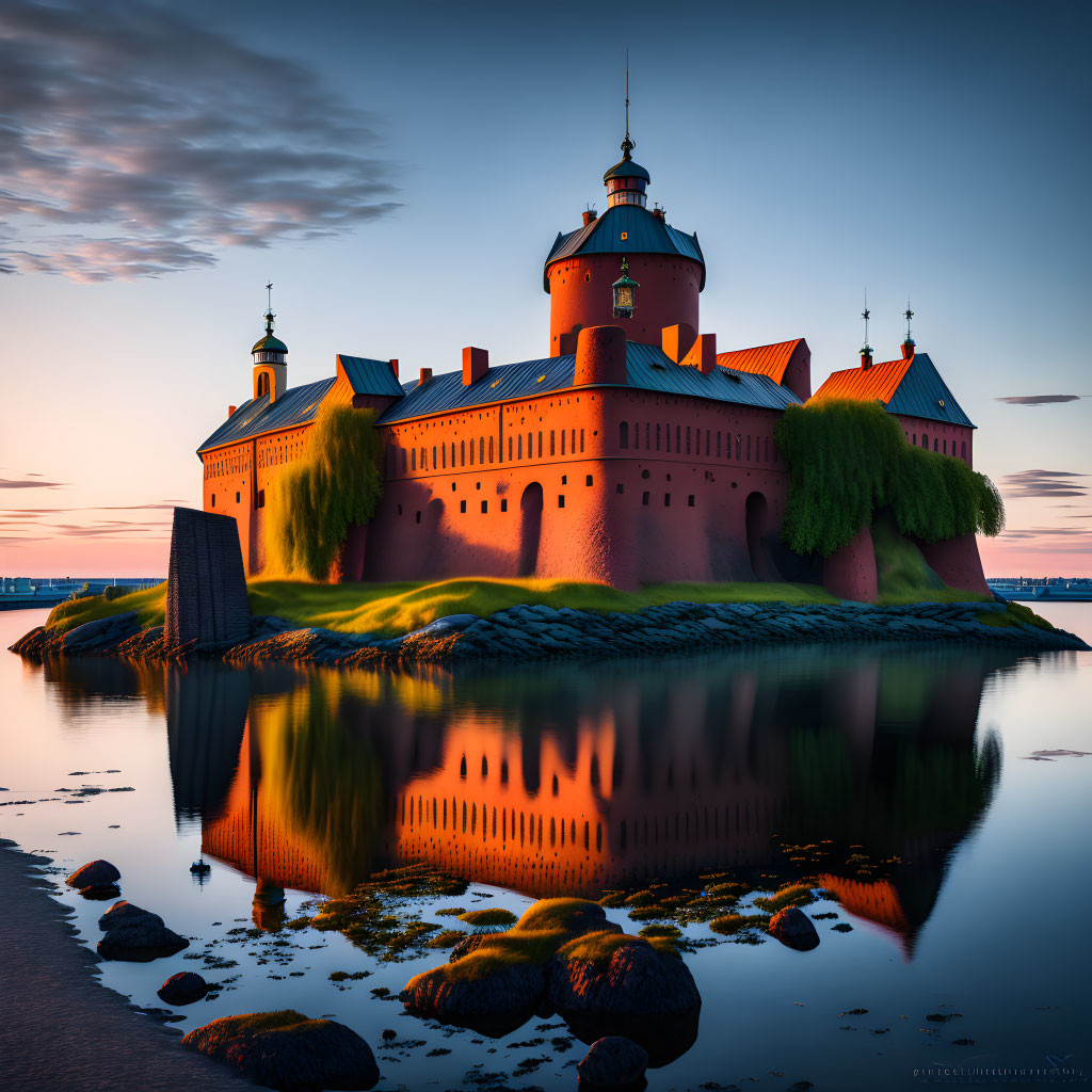 Majestic castle with red facade and green rooftops reflected in calm waters at twilight