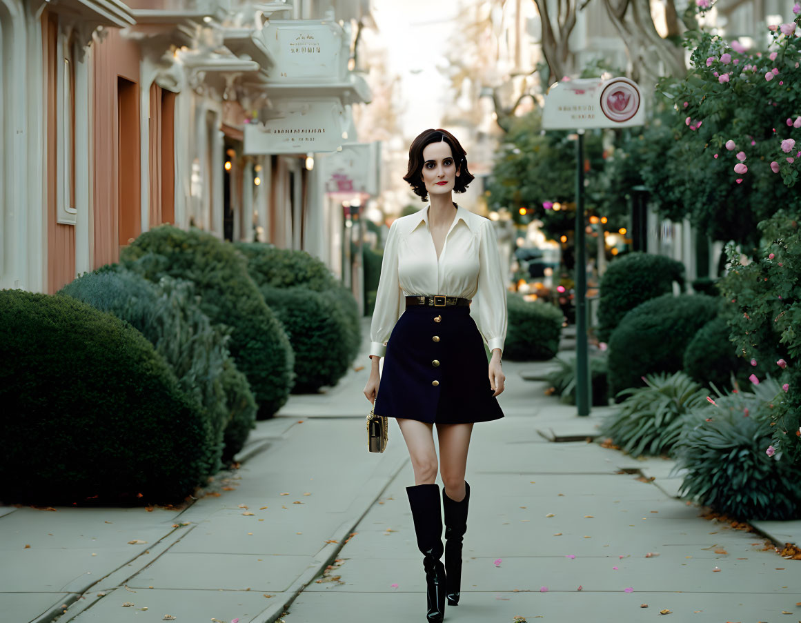 Stylish woman walking on tree-lined sidewalk in chic outfit