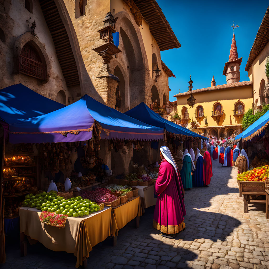 Traditional market scene with people in vibrant dress under blue canopies against historic buildings.