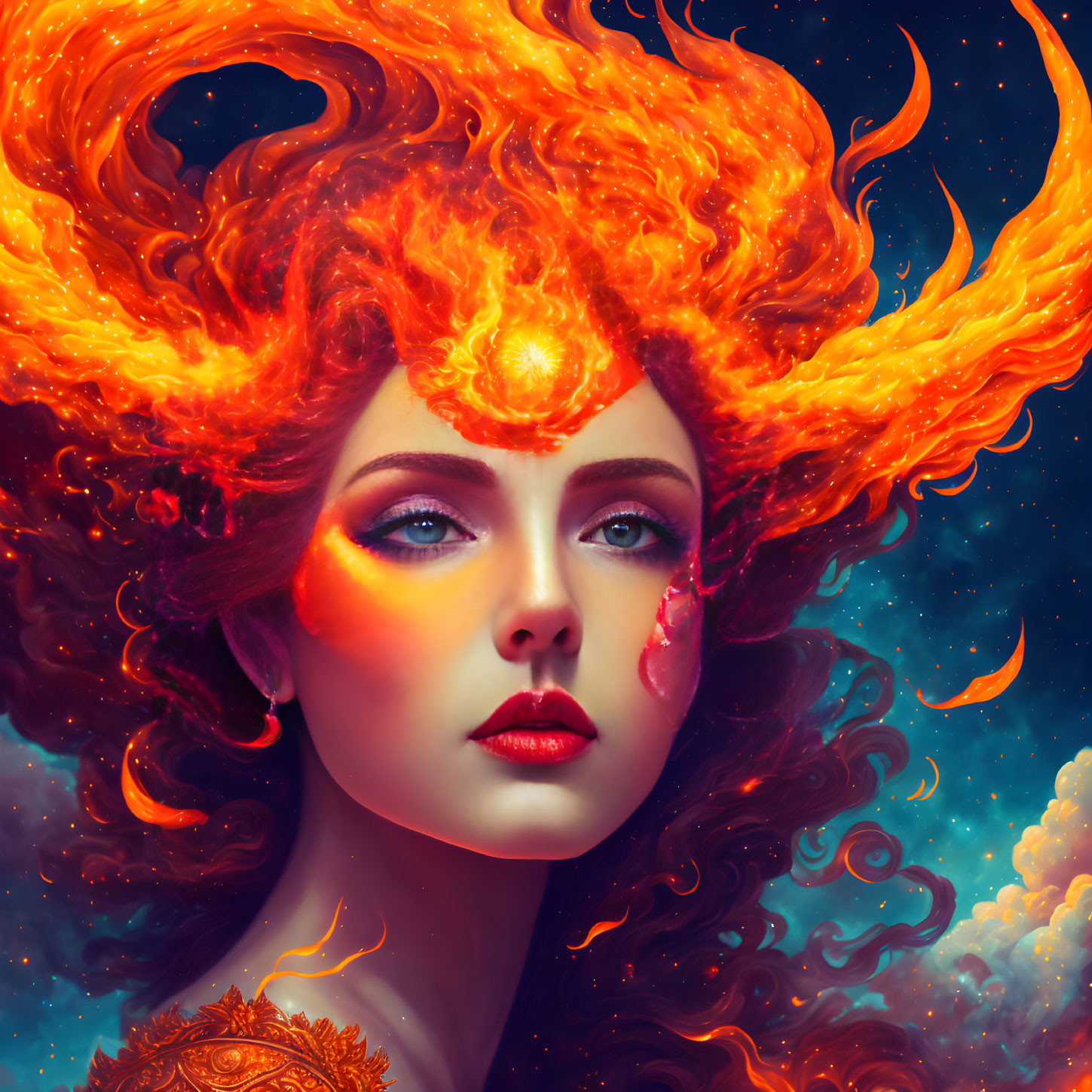 Vivid digital artwork of woman with fiery red hair in cosmic setting